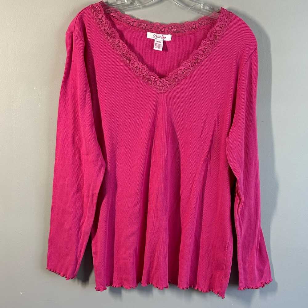 Lena Womens Y2K Pink Ribbed Lace Trim Long Sleeve Top Size 18/20 Coquette